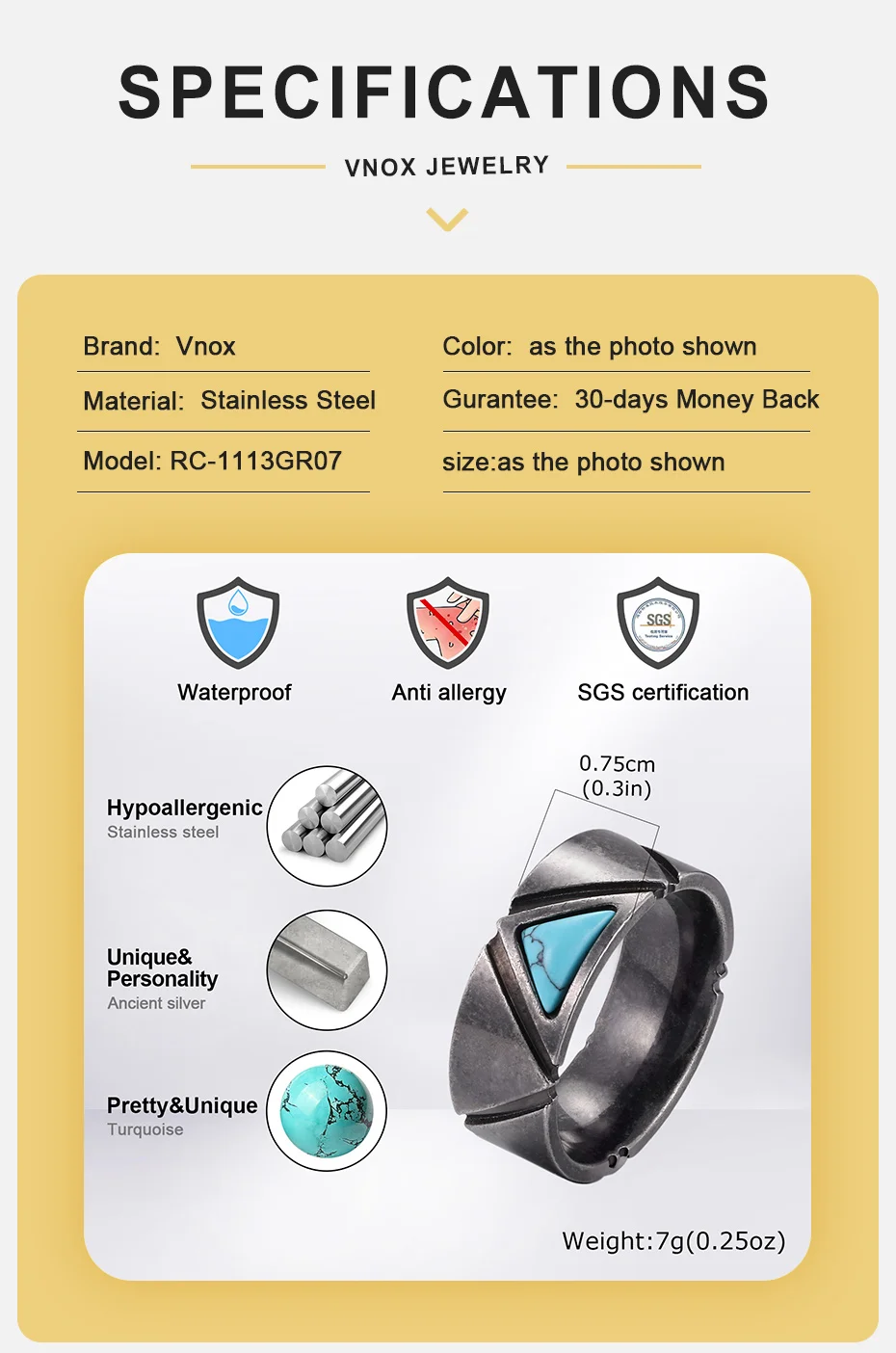 Vnox Retro-Herrenring aus Edelstahl, Vintage-Band mit dreieckigem Türkis-Einlage, hypoallergener Schmuck, Geschenk für Ihn, für den täglichen Gebrauch und Partys – Detail 5