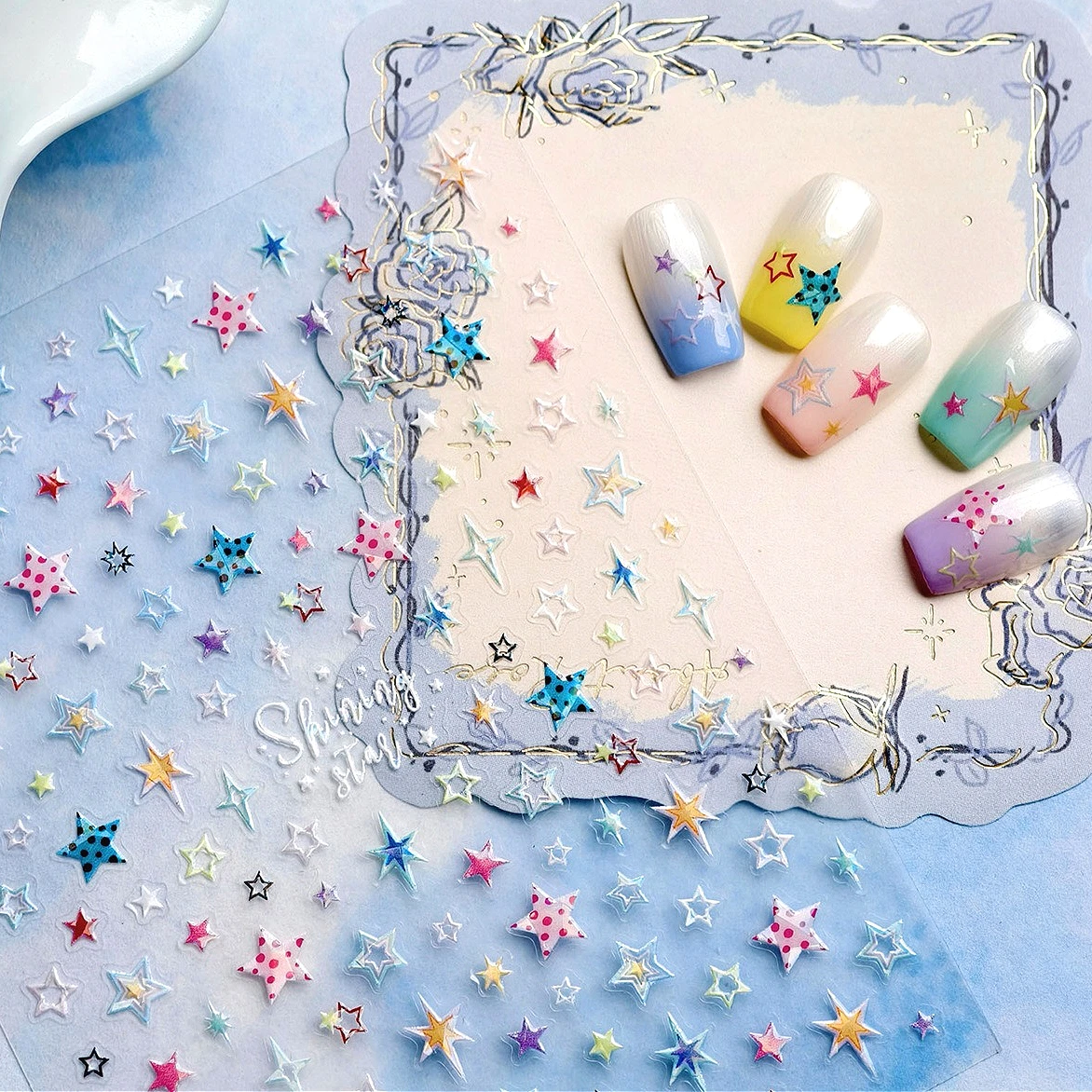 

Sparkling Cute Colored Polka Dot Stars Meteors Polarized 3D Self Adhesive Nail Art Stickers Gold Silver Shiny Manicure Decals