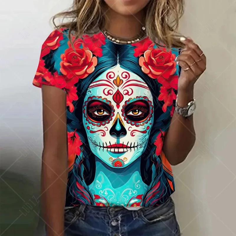 Summer Women Fashion T-shirt Mexican Day Of Dead Tops Tees Female Daily Casual Short Sleeve Clothing Ladies Vintage Outfit