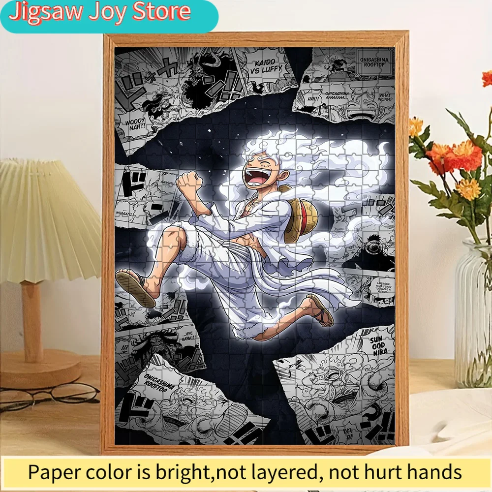 

One Piece Monkey D. Luffy Gear 5 Sun God Nika Dynamic Leap Manga Panel Background Art Paper Jigsaw Puzzle, Anime God Form Decor,