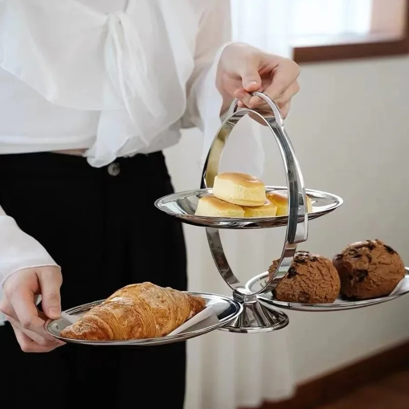 Luxury foldable three-tier snack tray with handle - stainless steel cupcake and fruit tray for homes and hotels