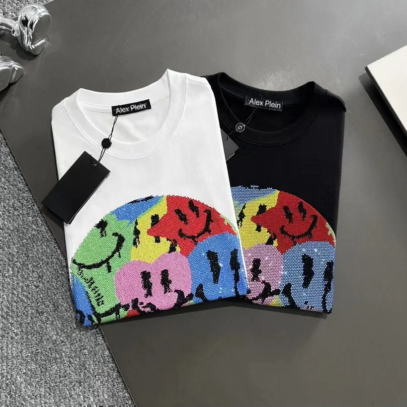 Alex Plein Men\'s Fashion Clothing Round Neck 2024 Summer Colorful Skull Head Hot Diamond Short Sleeve Couple Cotton T-shirt