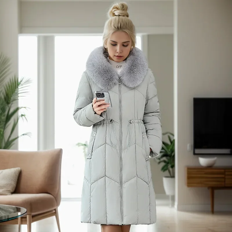 2024 Winter Women\'s Padded Jackets Mid-Length Fashionable Hooded Large Fur Collar Loose Thick A Waist-Cinching Down Cotton Coat