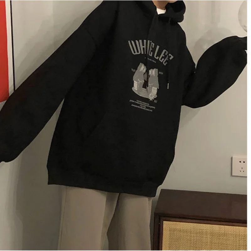 

Korean Black New Crew Baggy Sweatshirt Women Fleece Thicken Fashion Retro Printing Street Lazy Wind Long Sleeves Pullover Top