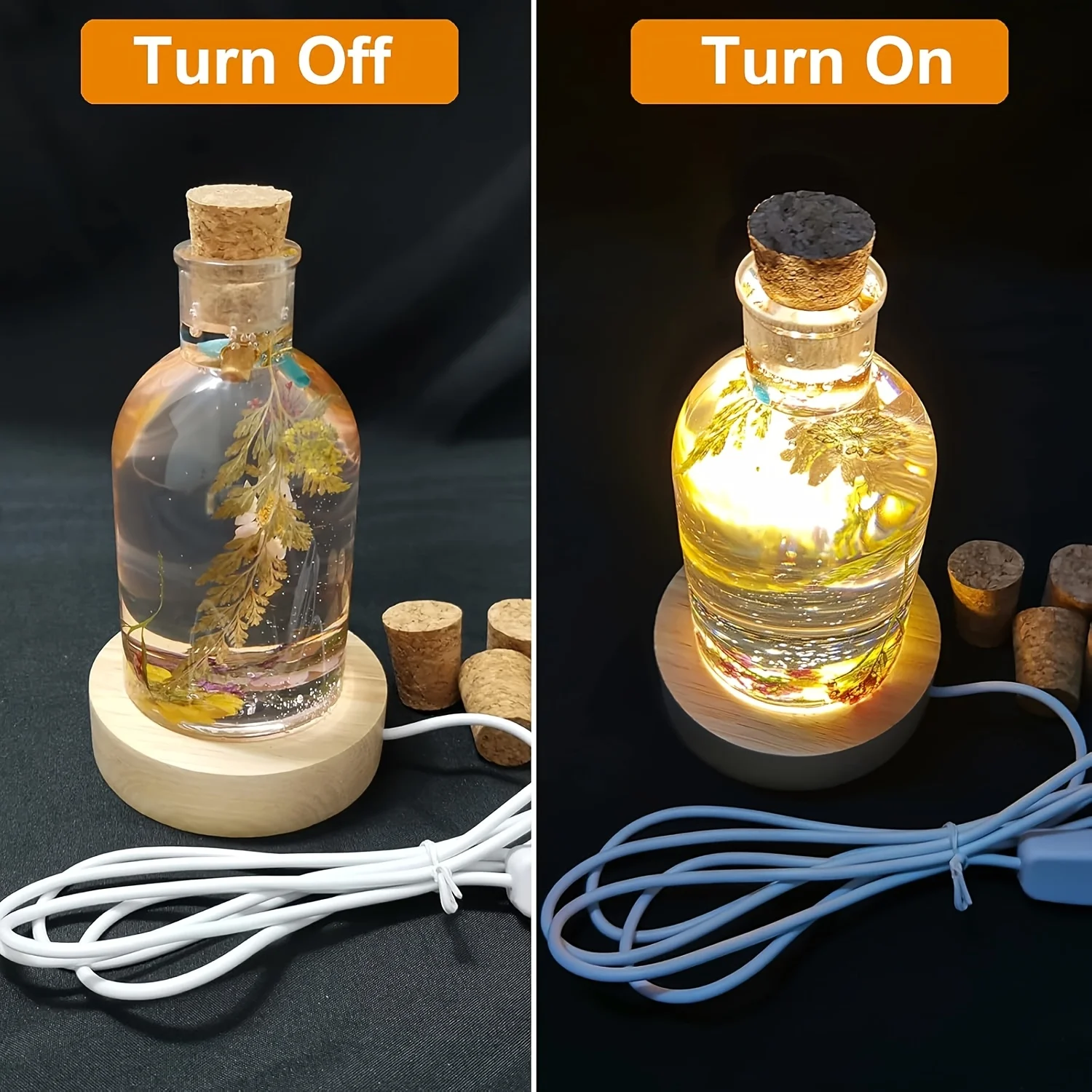 Drift Bottle Light Resin Mold Set, Led Lampshade Silicone Resin Mold, with a Usb-Powered Wooden Lighting Base and Five Wooden Cork Stoppers, Suitable for DIY Desktop Crafts, Parties, Weddings, Table Lamps, and Home Decoration Furnishing Ambiance, Creative Gifts, Holiday Gifts, Gifts for Family and Friends, Bedside Night Light - view 2