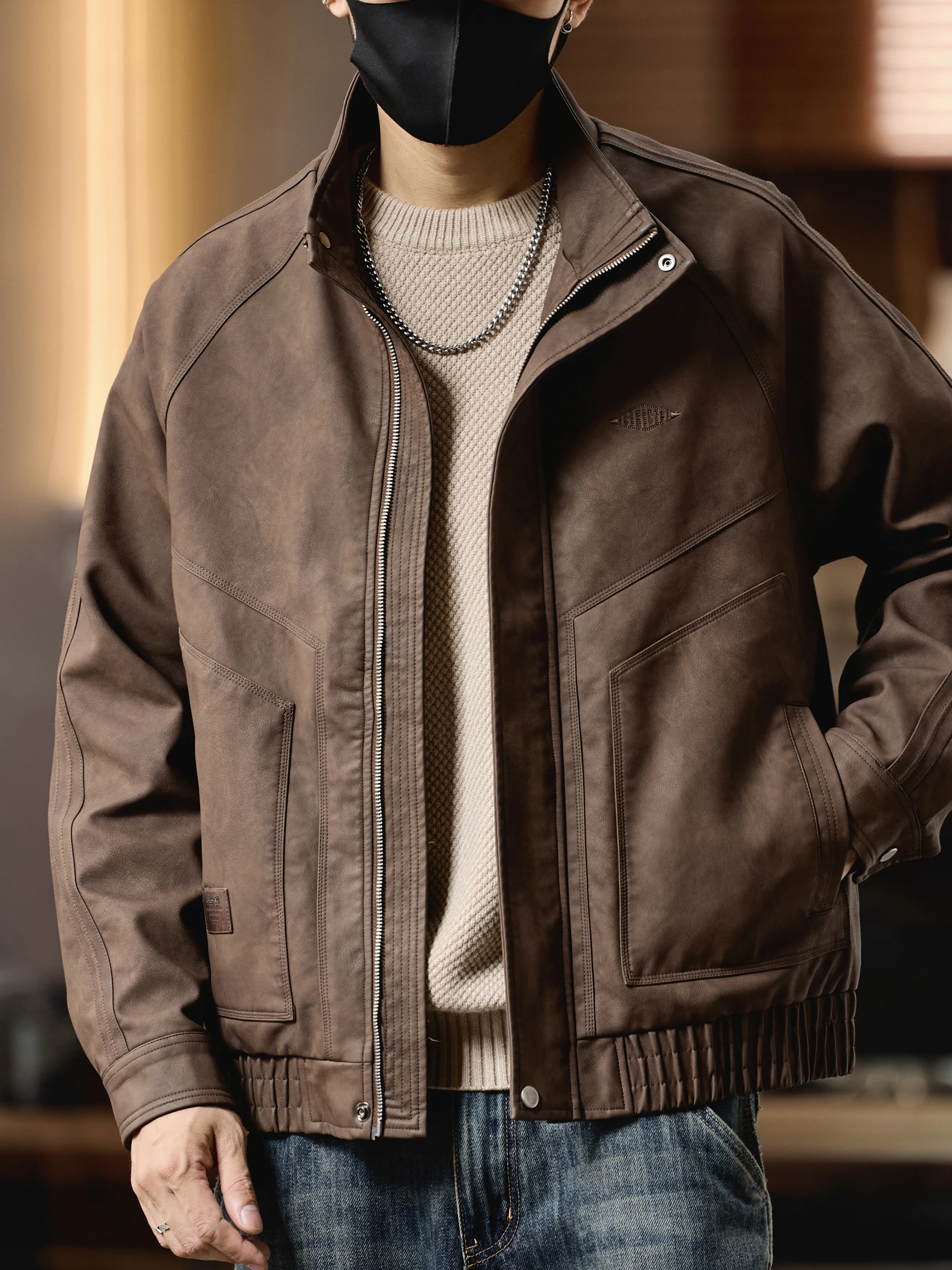 

Retro American PU Leather Jaet Men's 2025 Autumn Winter Large Size Motorcycle Riding Stand Collar Jaet Wild Knight Brand