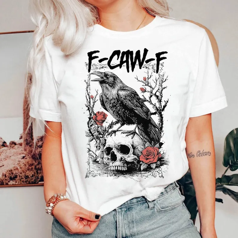 F-Caw-F Funny Crow Shirt, Gothic Raven Skull Crow Raven Lover Gift, Vintage Tattoo Shirt, Halloween Humor Tee, Nature-Inspired