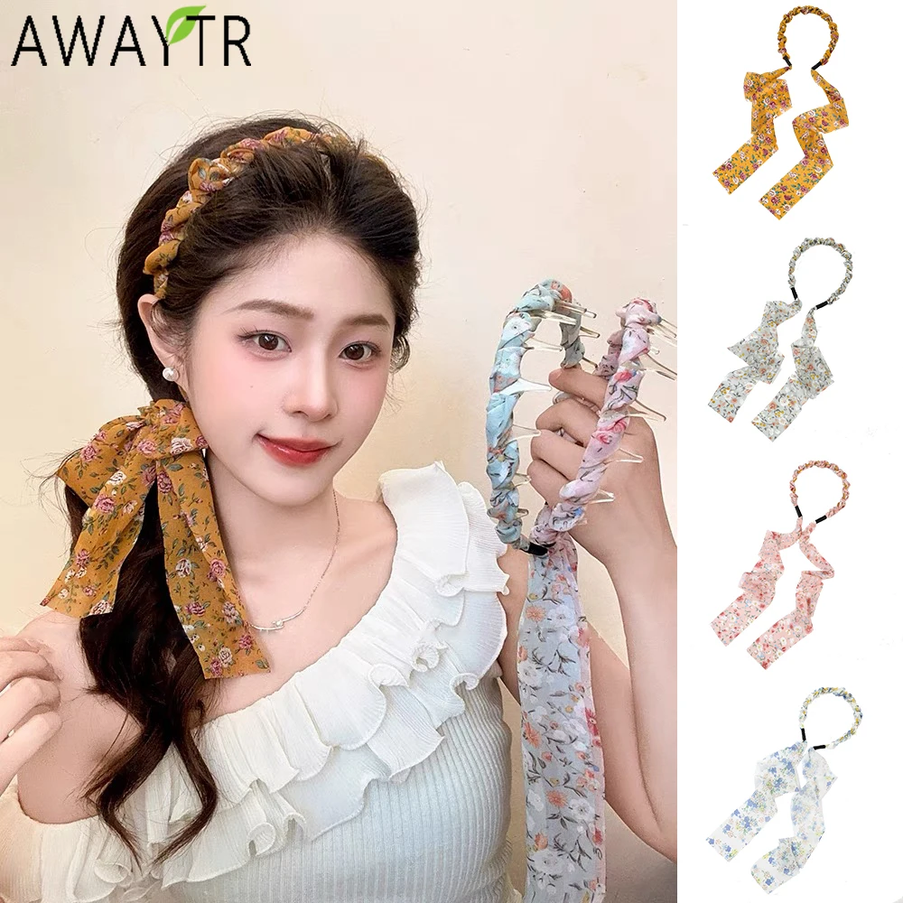 AWAYTR марлевая лента с цветочным принтом, зубчатая повязка для волос, модная тканевая женская повязка для волос, обруч, плетеная повязка на голову для взрослых девочек, головные уборы