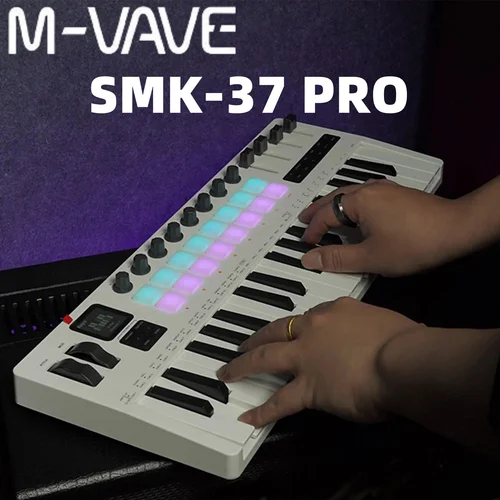 Controlador MIDI de teclado M-VAVE SMK-37 Pro con sintetizador incorporado | 16 almohadillas de batería retroiluminadas RGB, 8 perillas, 4 deslizadores/producción musical