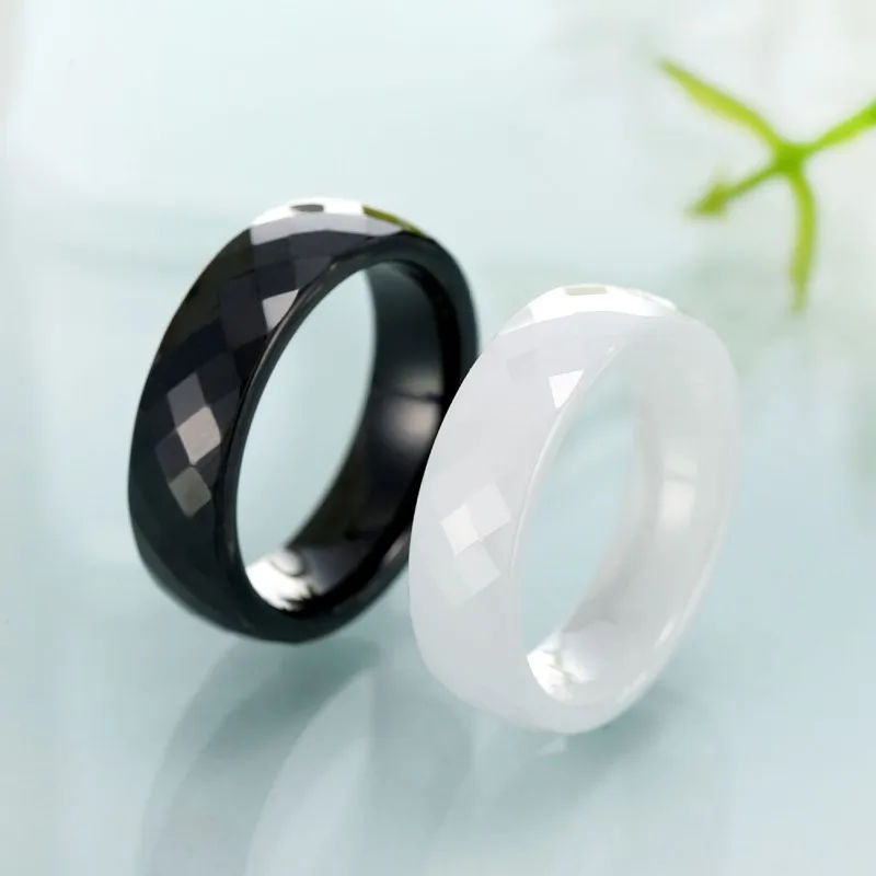 6mm White/Black Faceted Ceramic Ring Wedding Band for Women Men Size 5-12