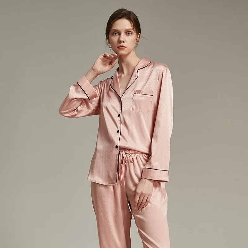 Spring Autumn Women 2PCS Pajamas Set Blue Solid Long Sleeve Trouser Sleepwear Suit French Style Loose Satin Home Wear Pijamas