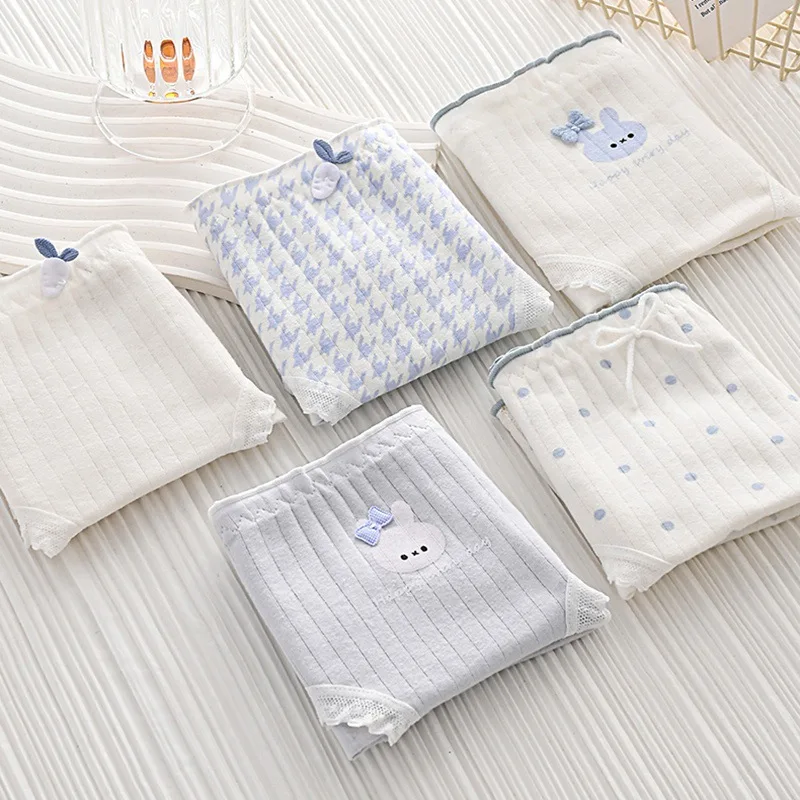 Japanese Style Pure Seductive Sweet Cute Bunny Blue and White Women's Underwear Lace Skin-Friendly Mid-Waist Triangle Underwear