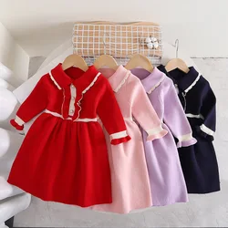 MILANCEL 4-8Y Kids Dresses A Line Knit  Dress for Girls  Turn Down Collar Girls Clothes