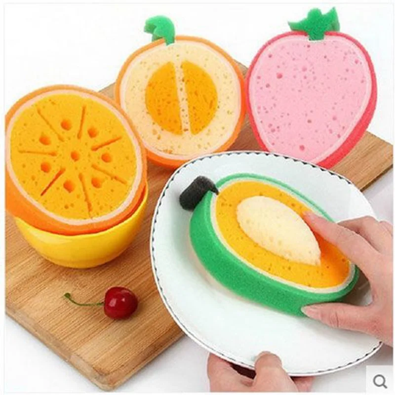4Pcs Fruit Shape Dish Sponge Wipe Dual-sided Kitchen Cleaning Scrubber Reusable Quick Dry Sponge Cloth
