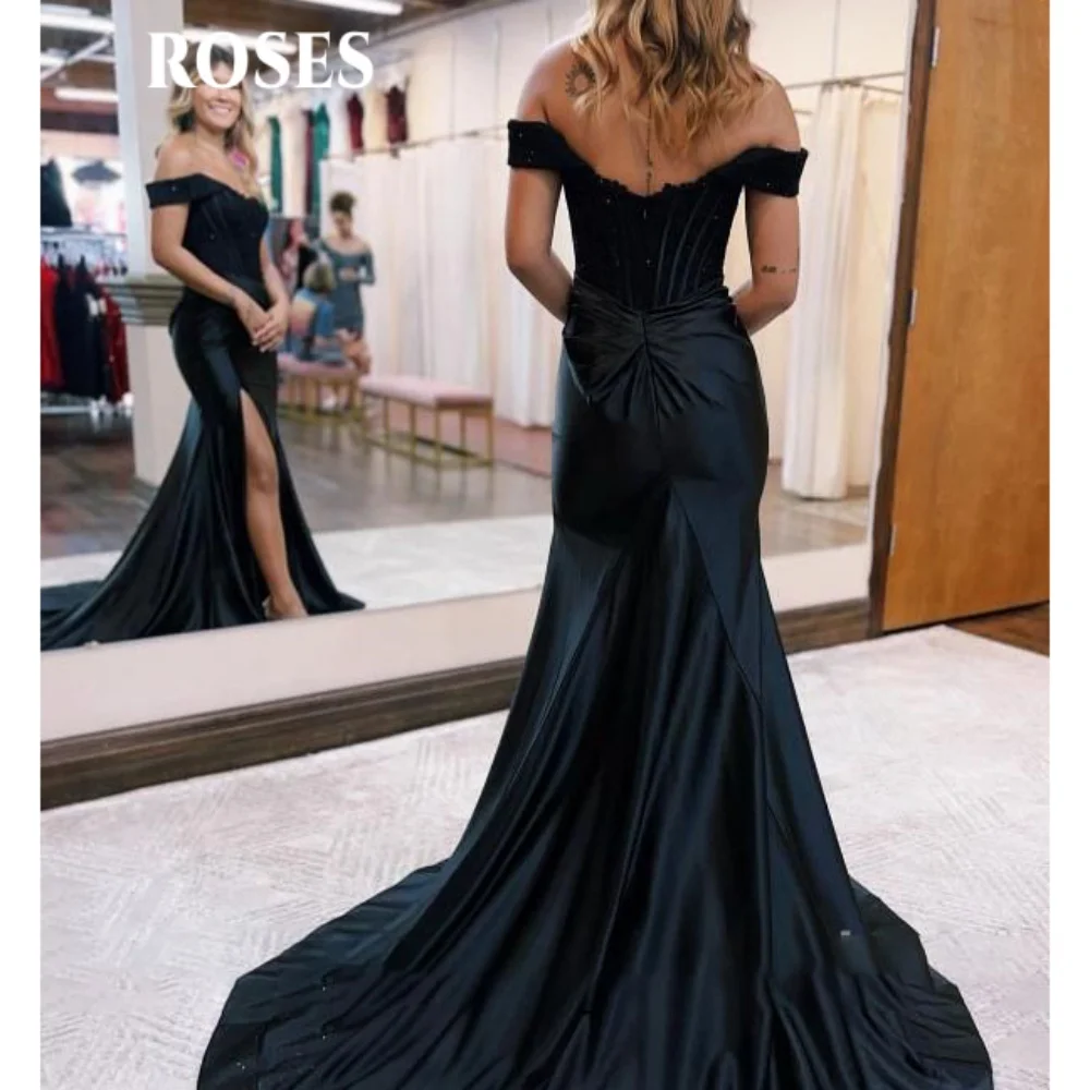 ROSES Black Sexy Lace Prom Dress Sweetheart Off the Shoulder Evening Gown Satin Side High Split Formal Dresses for Woman 프롬 드레스