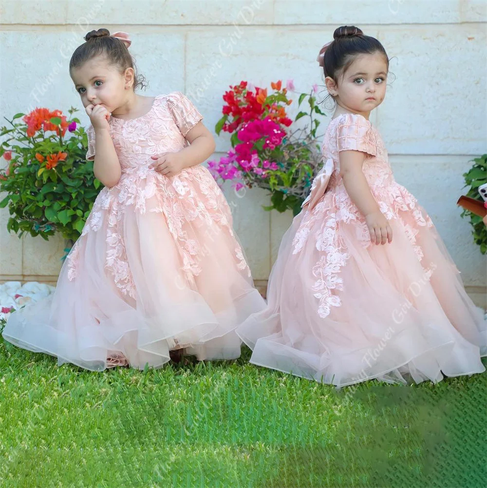 Pink Tulle Flower Girl Dress Lace Fluffy Skirt Fllral Appqulies Wedding Party MiniBride Princess Bridemaid Gowns