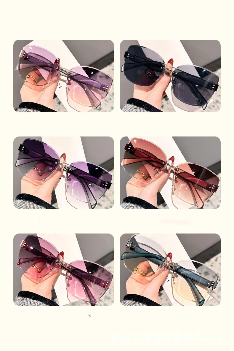 Cat-Eye-Mode-Sonnenbrille mit großem Rahmen, 2025, neuer UV-Schutz, rahmenlos, für Damen, Kantenschneiden, DS-8208 – Detail 6
