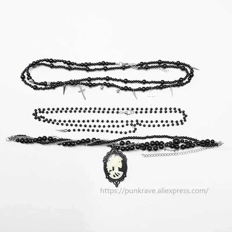 PUNK RAVE Women's Goth Skull Cameo Pendants Cross Multi Layers Necklace Exquisite Glass Bead Chains Party Club Accessories view 6