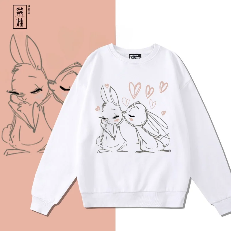 

Trendy round Ne Loose Fit Fce Lined Thin Hoodie Youth Casual Cotton Polyester Blend Comfortable Rabbit Cartoon Print Swe...