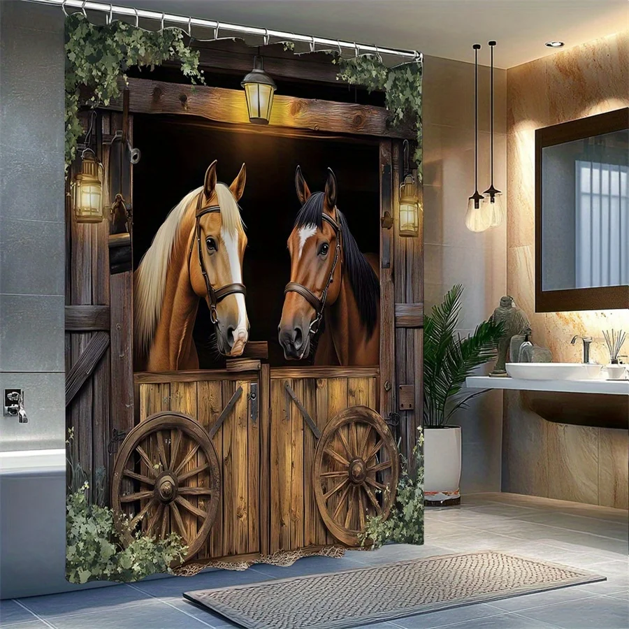1pc Rustic Stable Shower Curtain with Two Horses, Wooden Barn & Lanterns Design - Durable Polyester Fabric, Machine Washable Bat