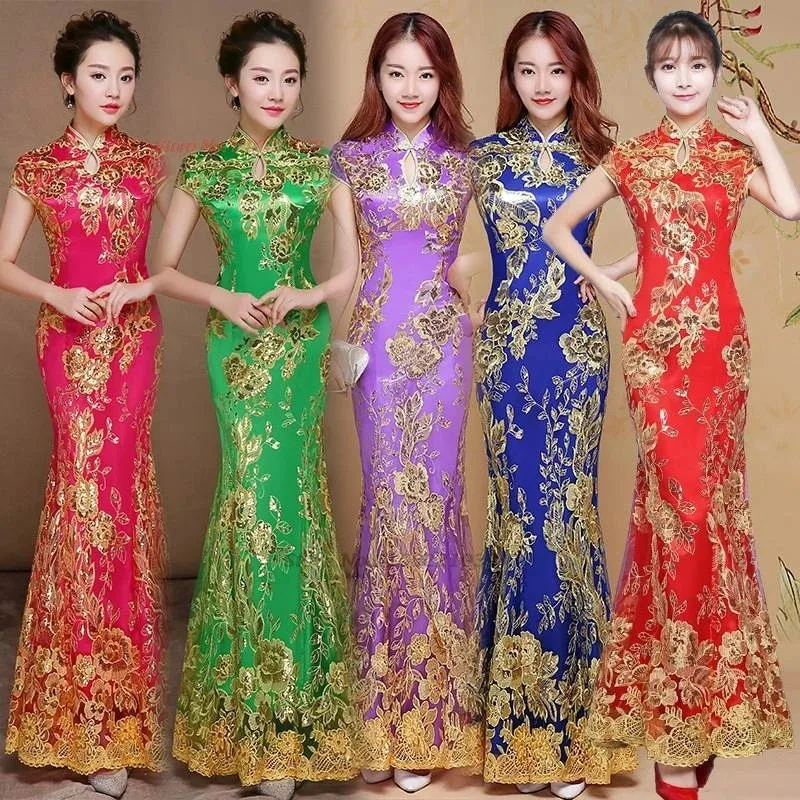 

2025 chinese traditional dress cheongsam national flower embroidery improved lace qipao wedding banquet evening dress qipao