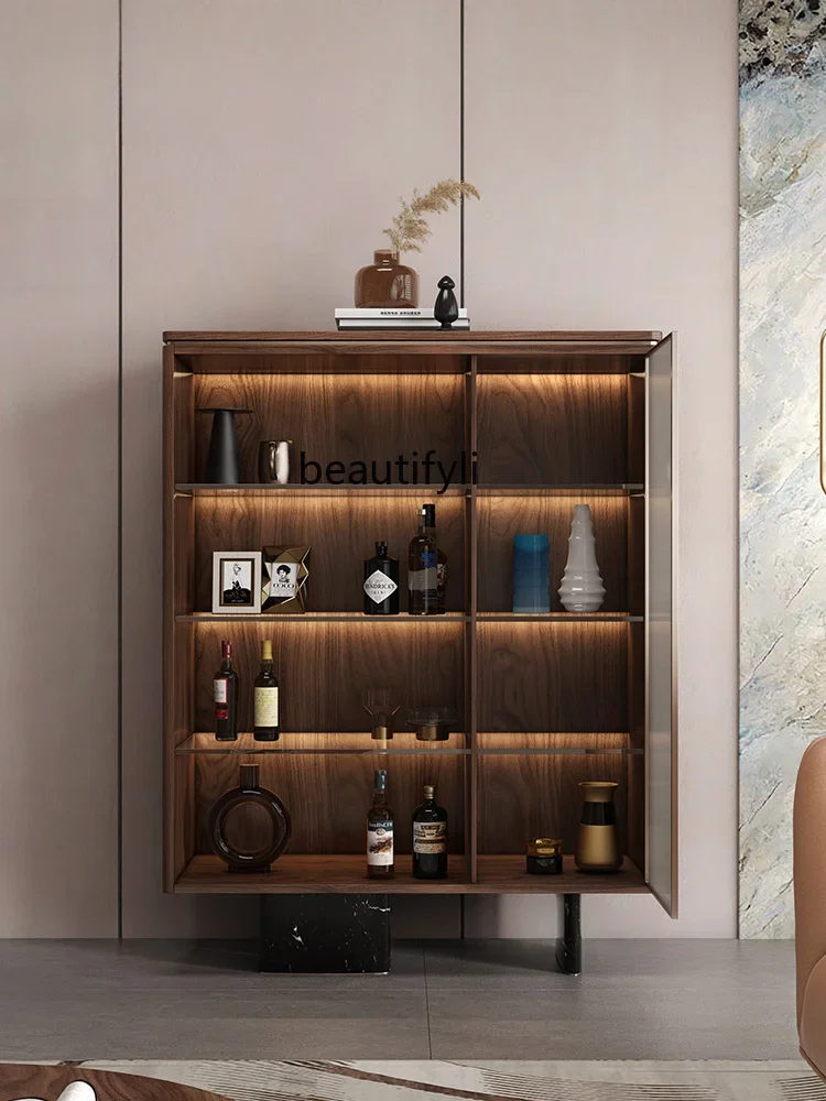 

Minimalist Black Walnut Wooden Sideboard Cabinet Living Room Wall Storage Glass Wine Cabinet Display Cabinet
