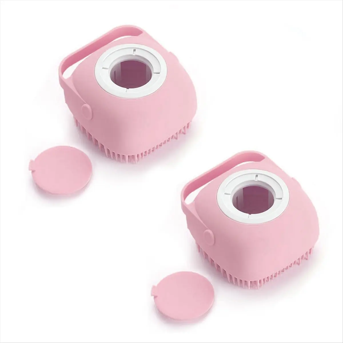 AA14 Pet Grooming Bath Massage Brush with Soap and Shampoo Dispenser Soft for Long Short Haired Dogs Cats Shower (2pc+ Pink)