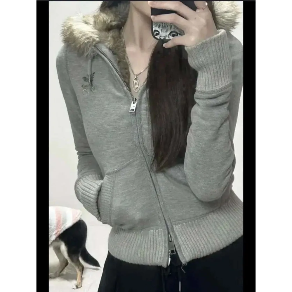 American Retro Waist Millennium Spice Girl Fur Collar Hooded Sweater Women Short Coat Plus Velvet Y2k Ancient Cardigan Warm Top