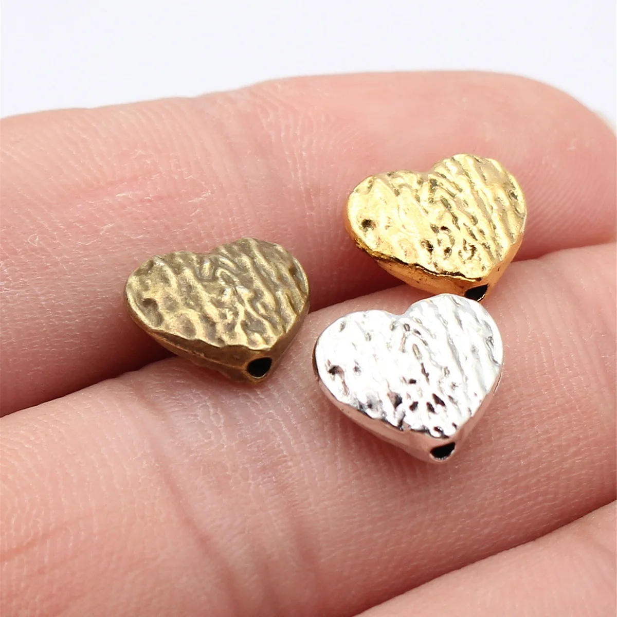 WYSIWYG 10pcs 12x11mm 3 Colors Antique Bronze Color Antique Silver Color Antique Gold Color Textured Heart-Shaped Beads