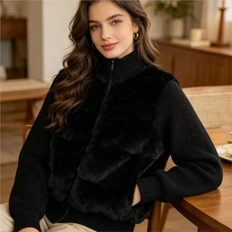 Women Faux Fur Knit Spliced Jacket Winter Warm Fashion Casual Outerwear Chic Tweed Quilted Cropped Top Winter Warm Padded Coat