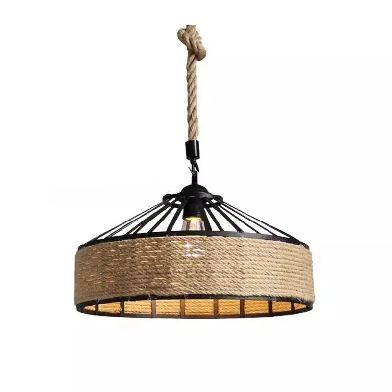 Vintage chanvre corde fer lustre rétro lampes suspendues tissé à la main ficelle Cage abat-jour pour cuisine salle à manger E27 luminaires