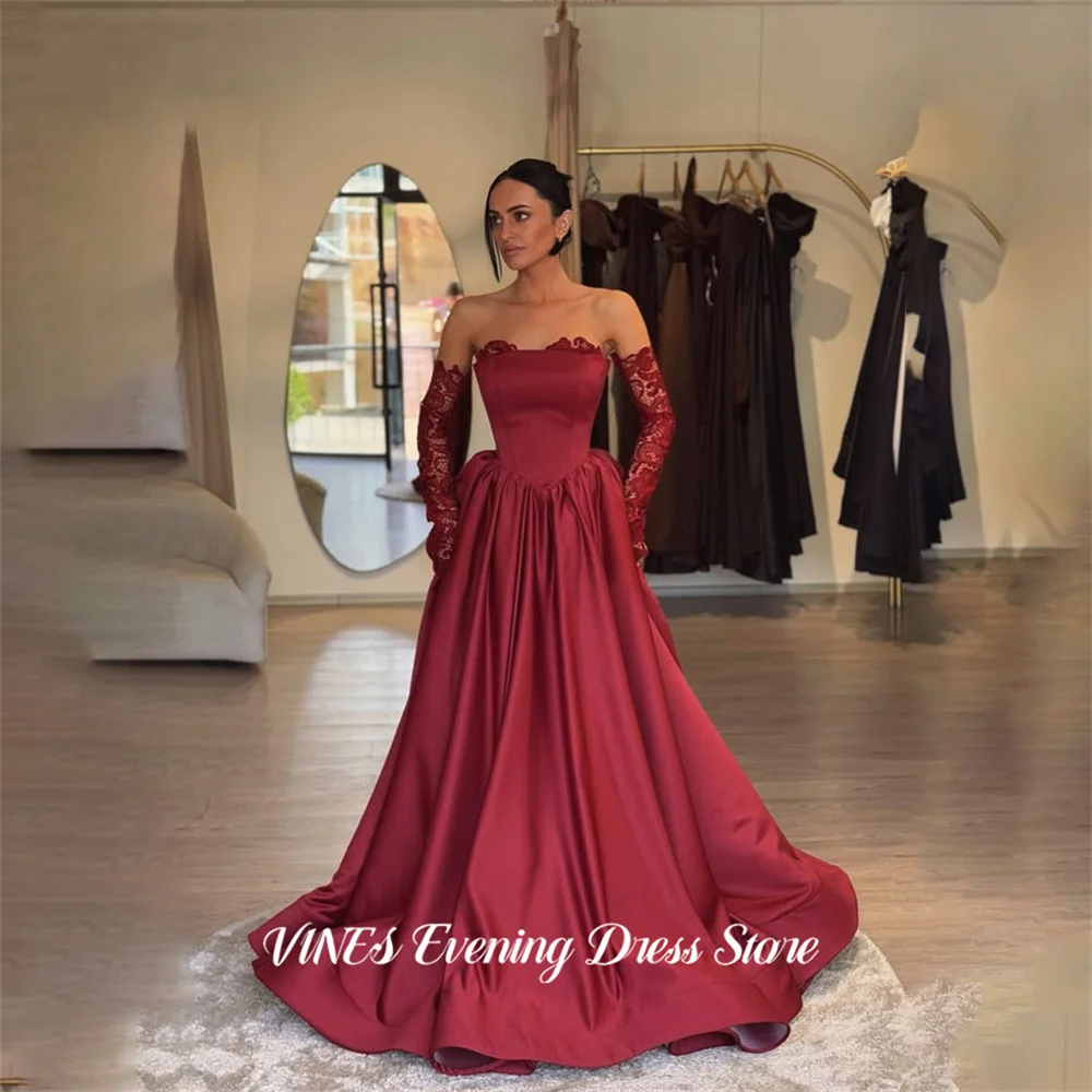 

VINES Burgundy Strapless Evening Dress A Line Satin Party Dress with Lace vestidos de fiesta Floor Length Prom Gowns Customized