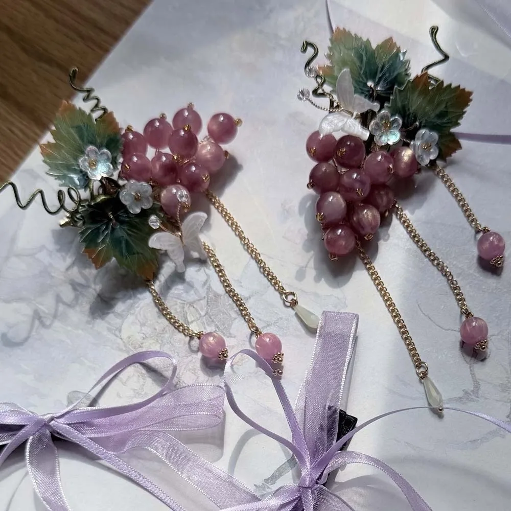 Pince à cheveux en forme de raisin, imperméable, ancienne, petites perles de verre douces, épingles à cheveux, accessoires Hanfu, pompon, Style chinois, Clip latéral quotidien