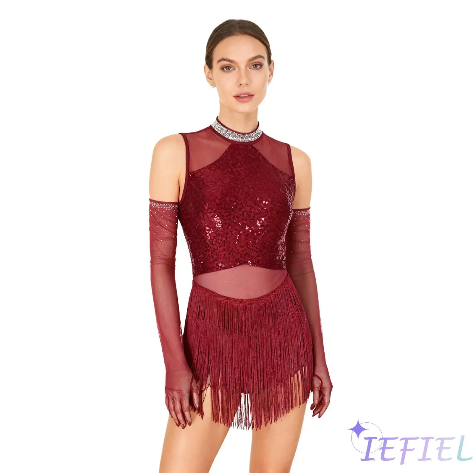 

Womens Professional Tango Samba Latin Dance Costume with Gloves Elegant Rumba Cha-Cha Dress for Jazz Ballroom Dance Stage Shows