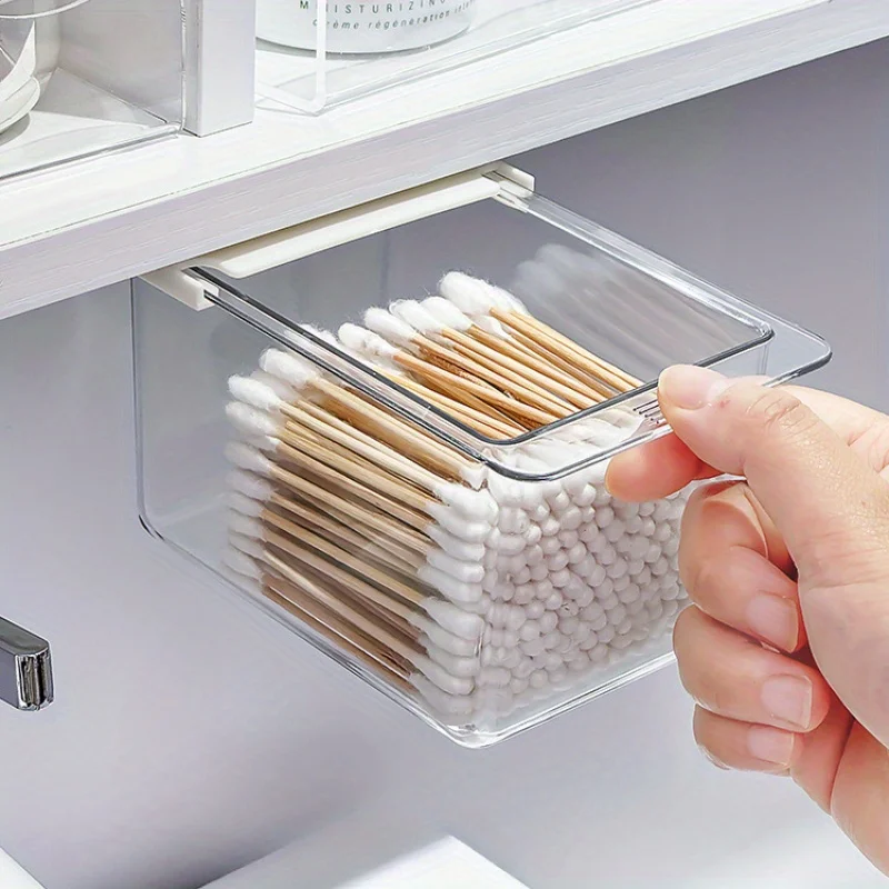 3Pcs Transparent Bathroom Cotton Stick Makeup Cotton Bathroom Pull-Out Storage Drawer Style Storage Box Under The Mirror Cabinet