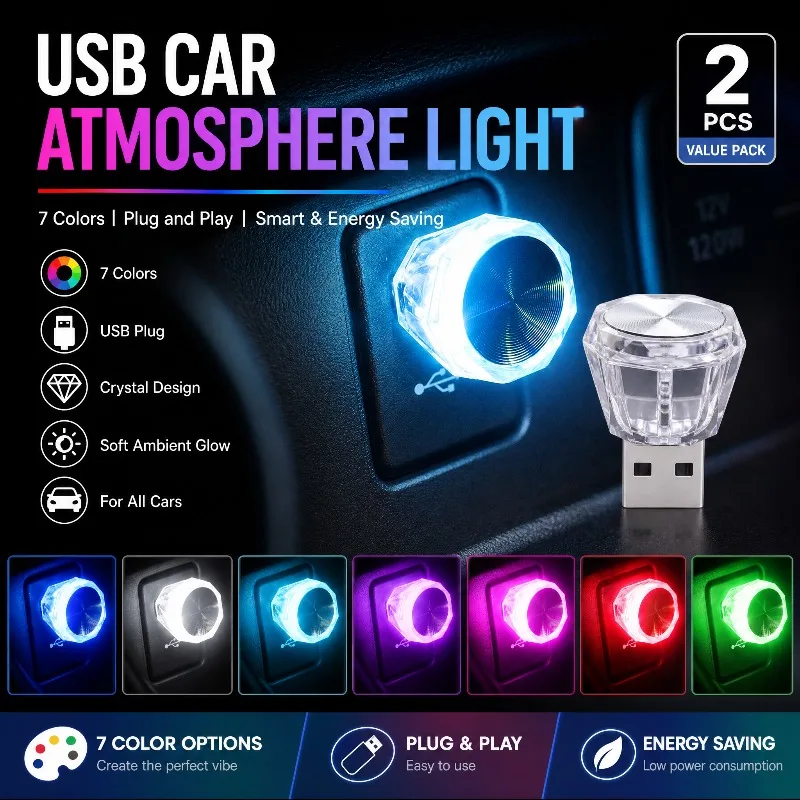 2Pcs Plug & Play LED Car USB Atmosphere Lamp, Diamond Shape Ambient Light, No Charging Required Auto Interior Decor Light