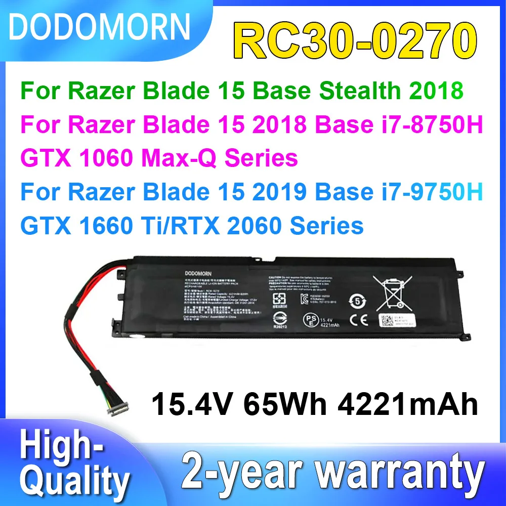 DODOMORN-RC30-0270 para Razer Blade 15 2018, Base i7-8750H GTX 1060 max-q/2019 Base i7-9750H GTX 1660 Ti RZ09-0270, batería de ordenador portátil