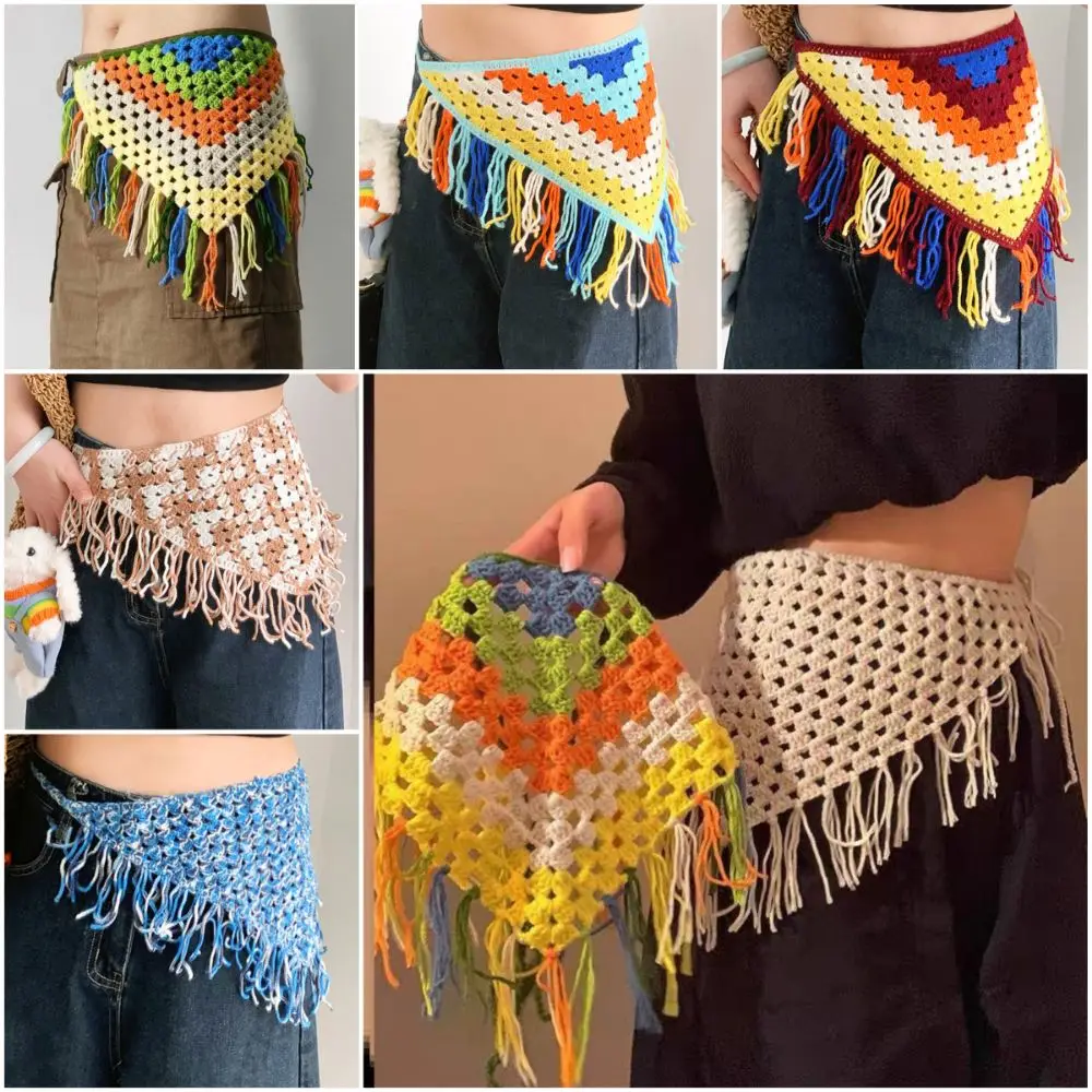 

Bohemian Knitted Fringed Flap Hollowing Out Ethnic Style Tassel Waistbelt Multifunctional Hand-knitted
