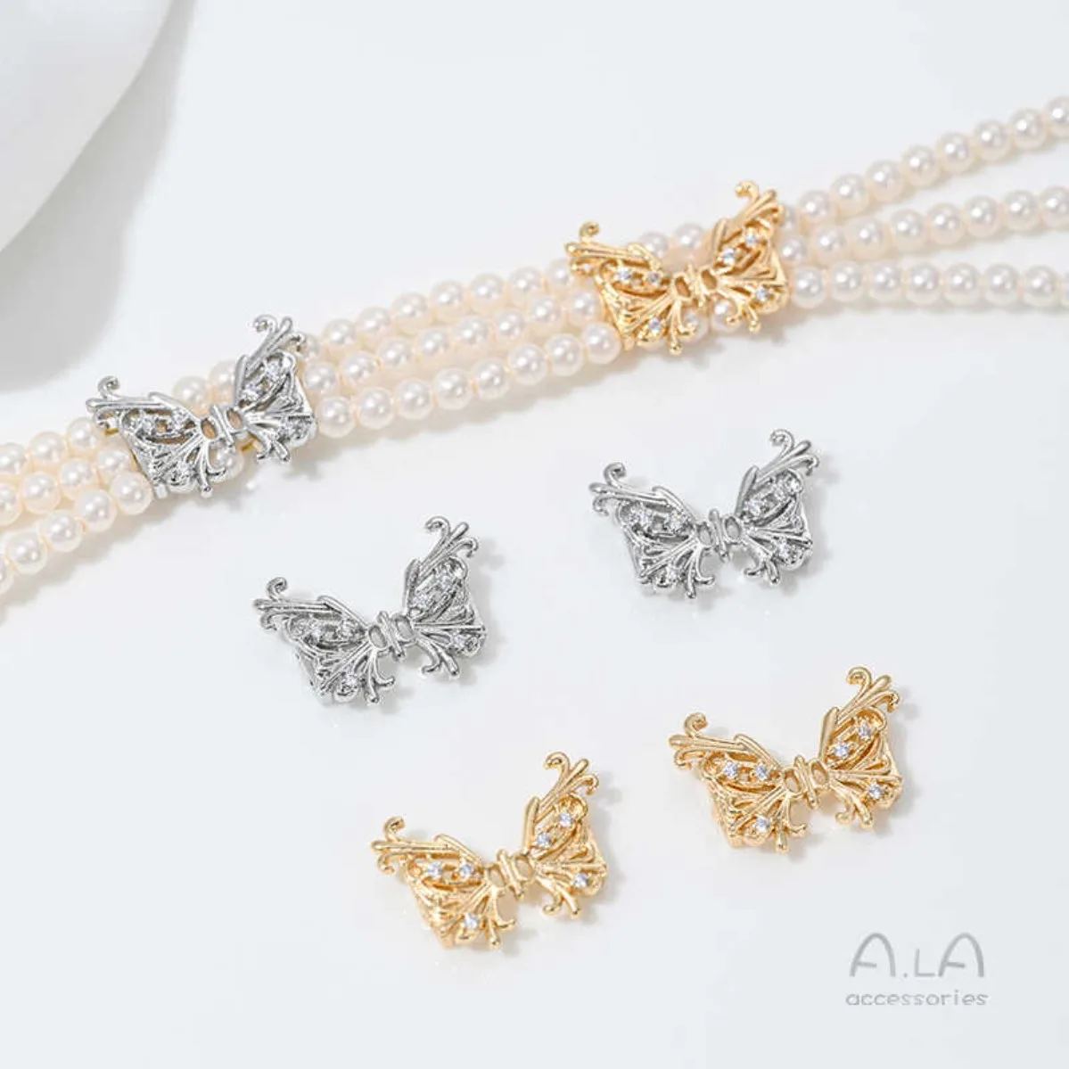 Brass Gold Plated Zircon Butterfly Triple Row Spacer Beads DIY Pearl Bracelet Necklace Jewelry Findings
