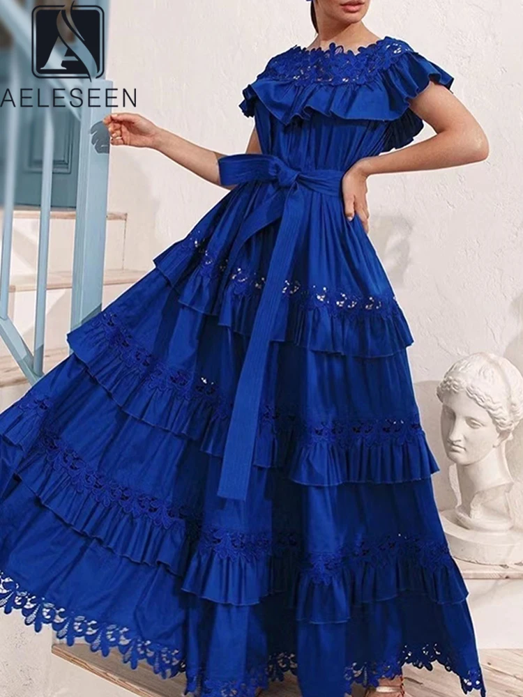 

AELESEEN Designer Fashion Blue Dress Women Slash Neck Cascading Ruffles White Green Belt Embroidery Elegant Long Party