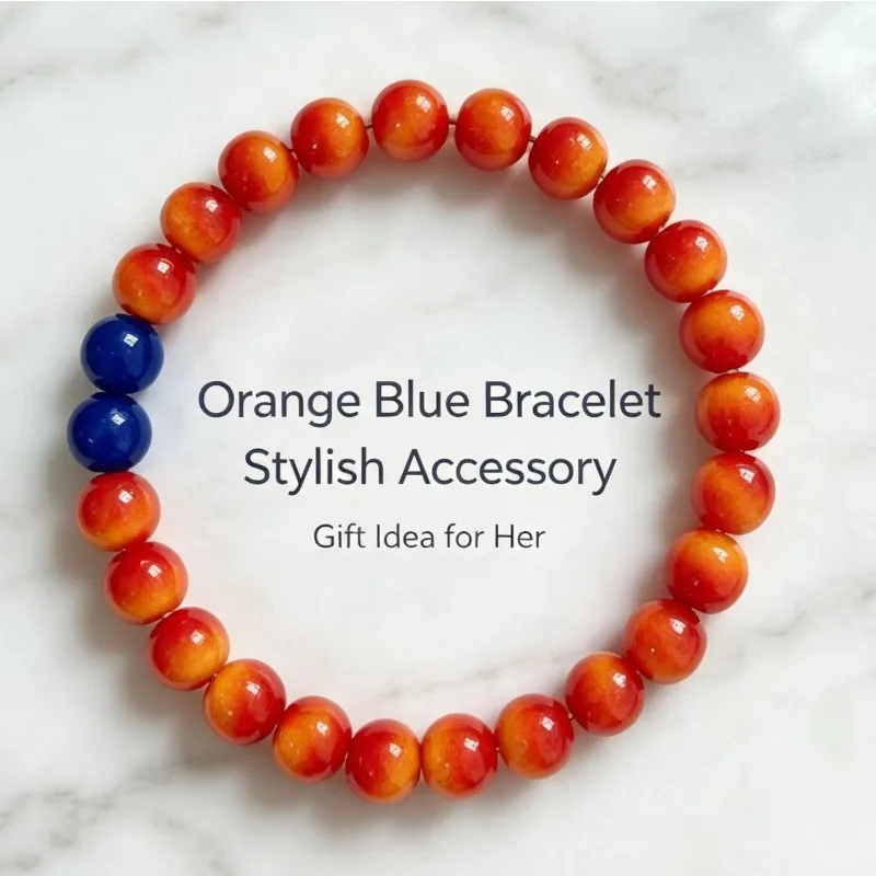 Warm Orange One-Strand Bracelet with Gradient Orange and Navy Blue Round Beads, Contrasting Color Jewelry