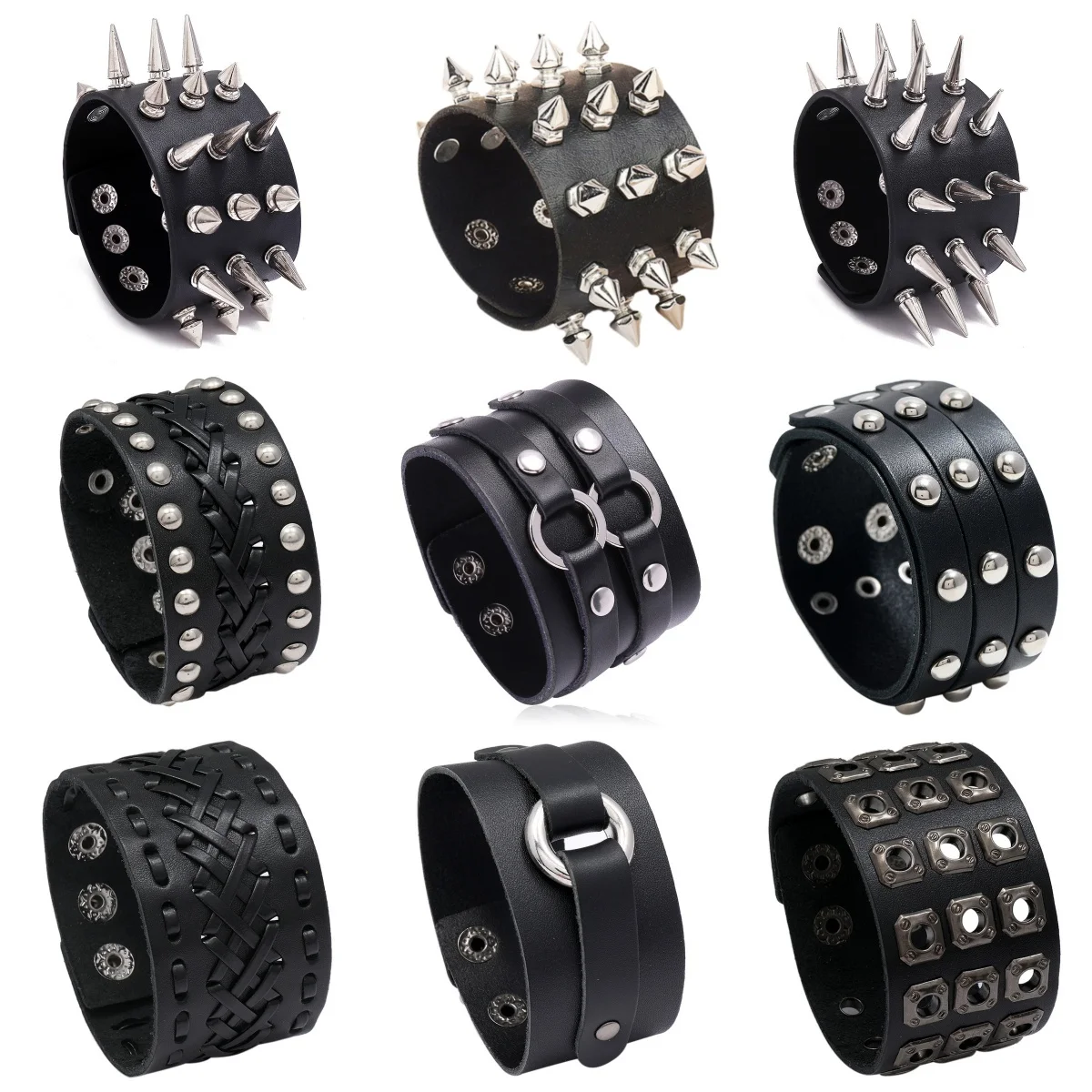 Newest Wide PU Leather Bracelet Punk Bracelet Adjustable Goth Cuff Bracelet Gothic Rivet Buckle Wristband For Women Mens Jewelry