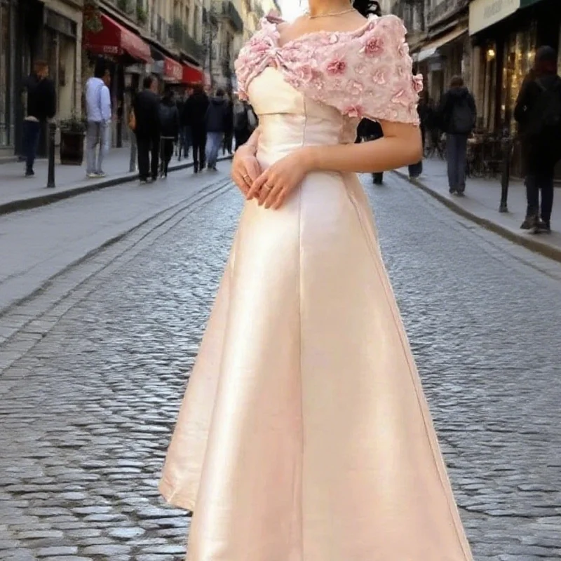 

Элегантные розовые атласные вечерние платья с открытыми плечами и цветочной аппликацией, плиссированные вечерние платья, платья для торжественных случаев, выпускного вечера