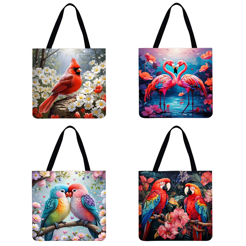 4 قطعة حقيبة يد من الكتان للطيور حقيبة يد ذات سعة كبيرة حقائب كتف للتسوق للنساء