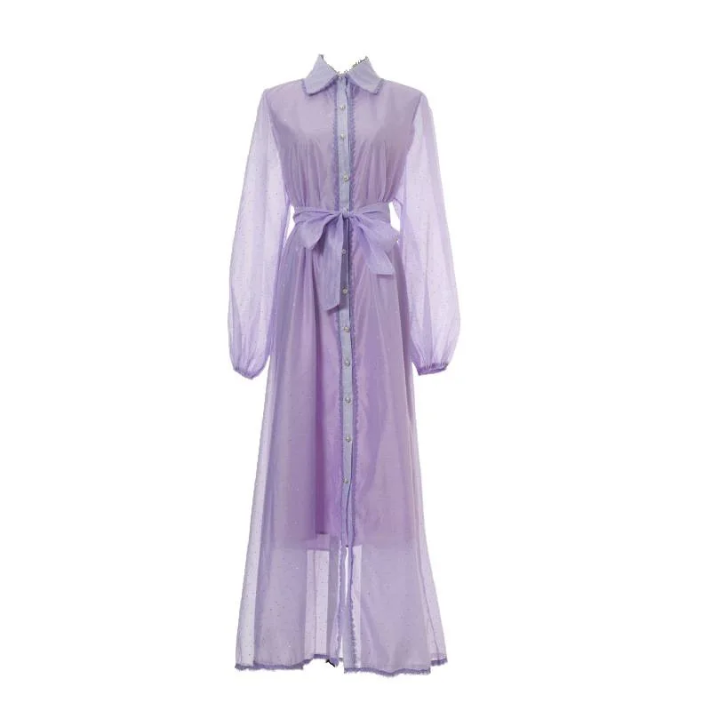 Street Series Long Dr mit Strassbesatz, Ogees, Patchwork-Spitze, hohe Taille, Gürtel, Farbe, lässiger Oulder-Winkel