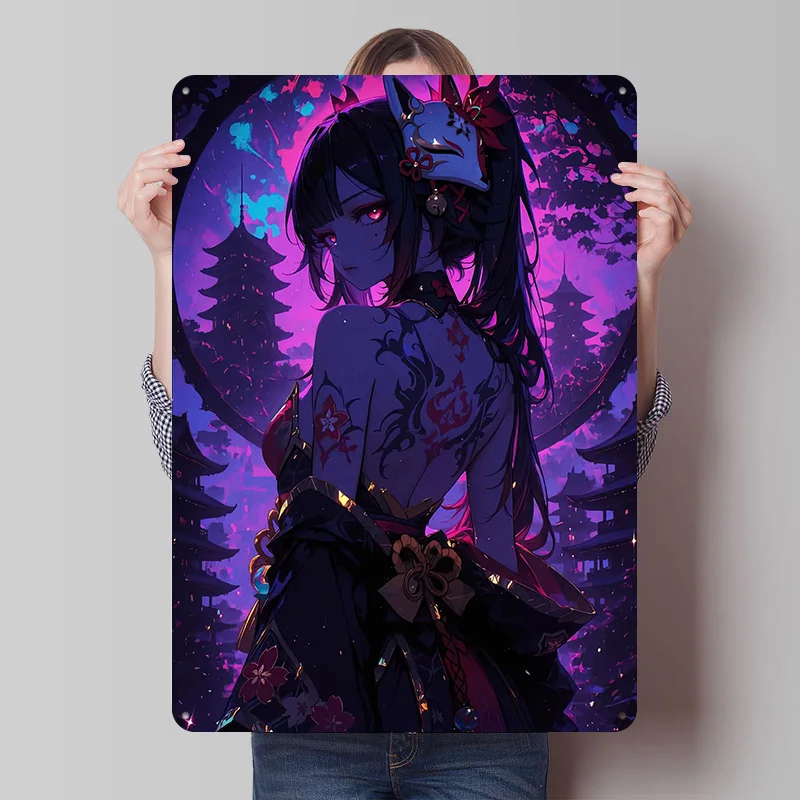 Anime-Mädchen mit Fuchsmaske Blechposter Individuelle Wandkunst Vintage Metallschilder Retro Blechtafel für Garagendekoration Gaming-Heim