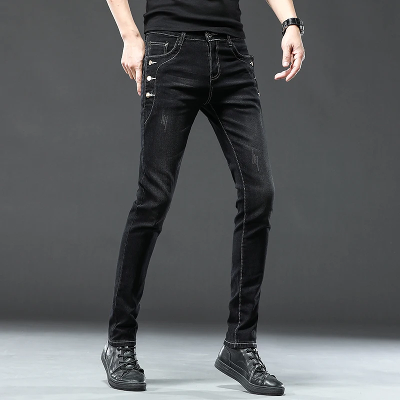 New Men's Skinny Jeans Gray Blue Snow Washed Multiple Buttons Fashion Male Elasticity Straight Slim Denim Trousers Streetwear