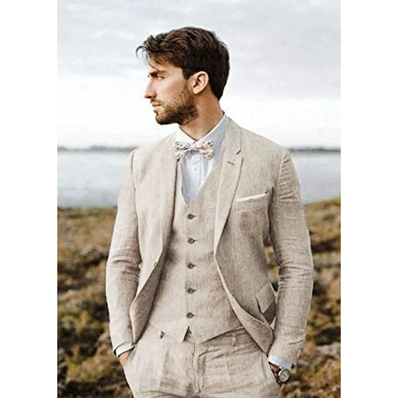 

2024 Khaki Linen Men Suits Summer Beach Wedding Blazer Formal Prom Slim Fit Jacket Trajes Elegante Para Hombres Tuxedo 3 Piece