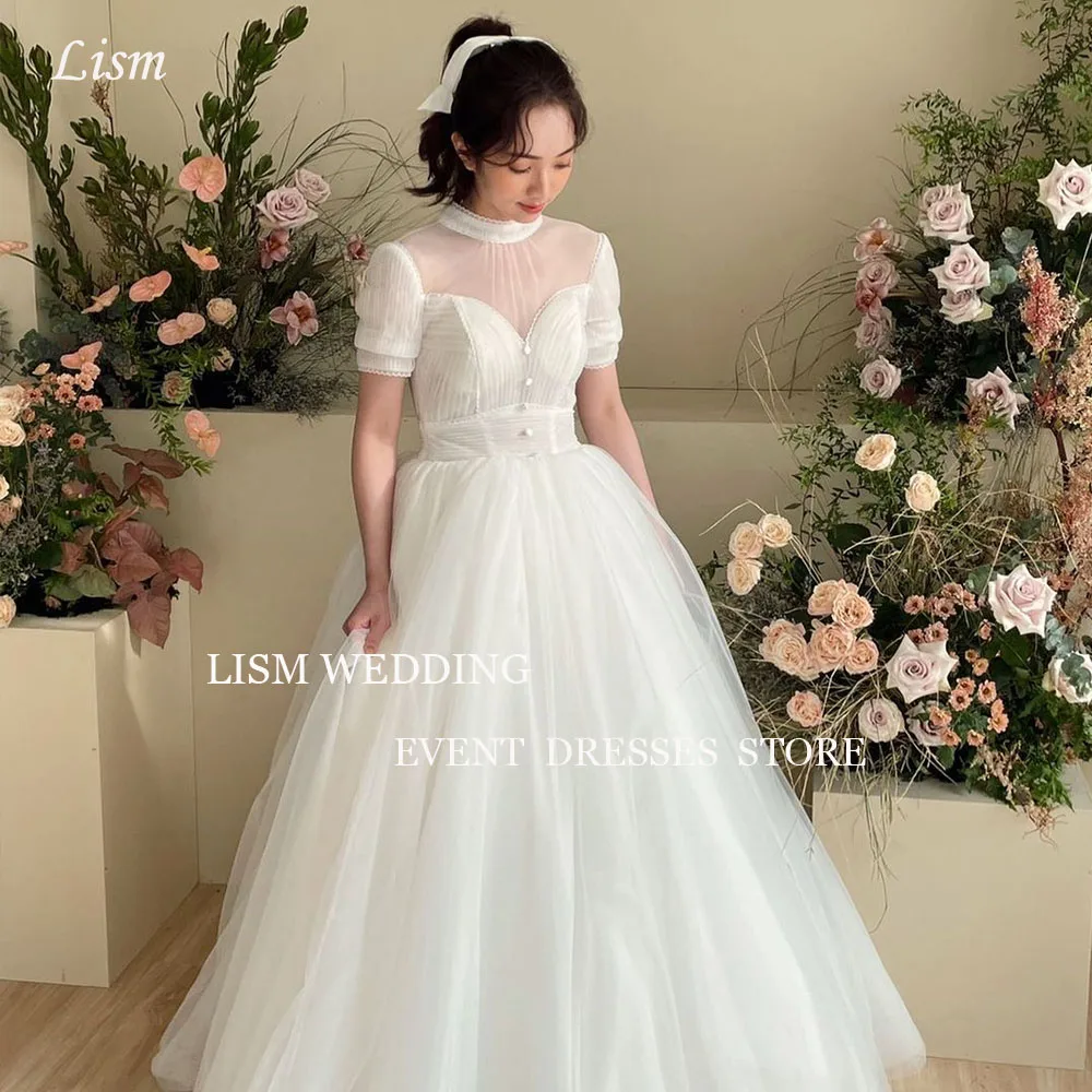 

LISM Korea Wedding Reception Dresses High Collar Short Sleeves A-line Photo Shoot Dresses 피로연드레스 Illusion Princess Bridal Gown