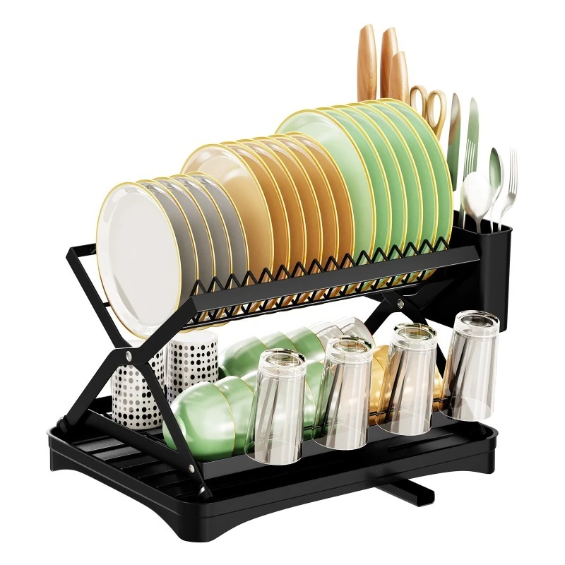

Стеллаж для хранения кухонной посуды и посуды, двухслойная складная многофункциональная стойка для хранения для домашнего использования